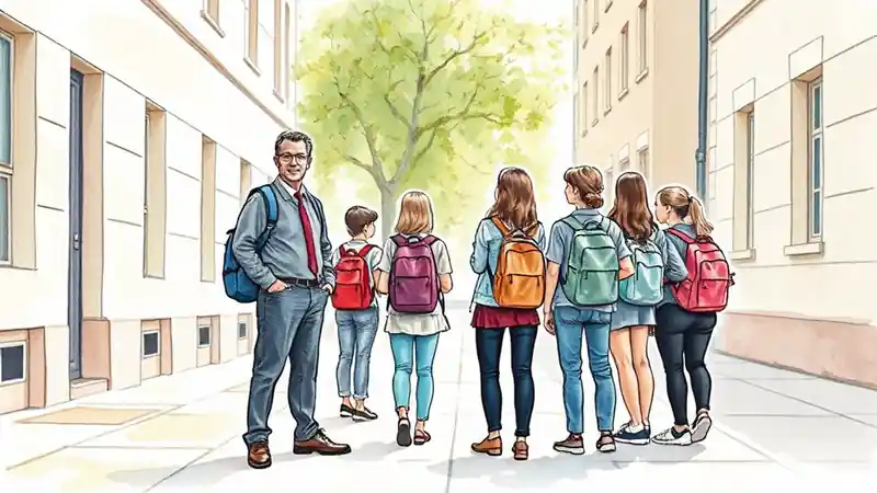 Un profesor observa alrededor mientras su grupo de alumnos espera reunido en una calle