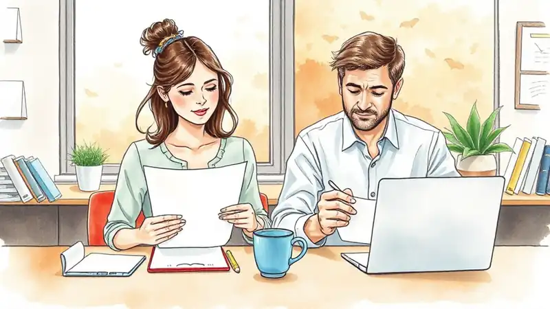 Dos profesores revisan juntos unos papeles en la sala de profesores, con una taza de café sobre la mesa