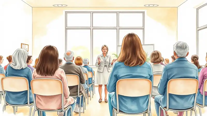 Madres y padres, de espaldas, escuchan a una profesora en una reunión informativa en el salón de actos del colegio