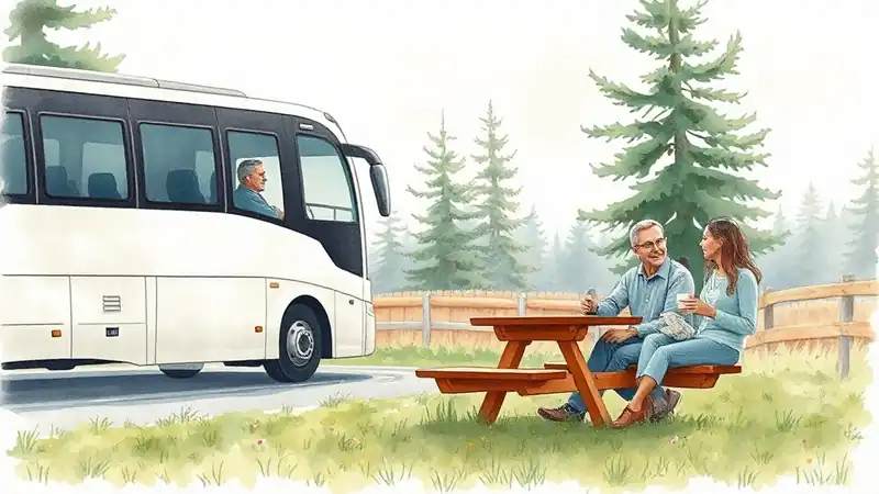 Durante una pausa del viaje, el conductor y una profesora toman un café en la mesa de un área de descanso junto al autocar