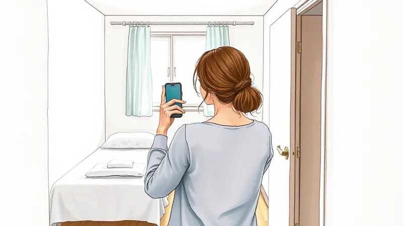 De espaldas, una profesora fotografía con el móvil una habitación de hotel sencilla desde la puerta