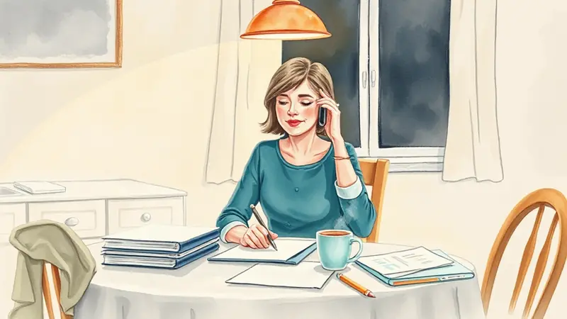 Una profesora, por la noche en la mesa de su cocina, habla por teléfono mientras toma notas entre papeles y carpetas